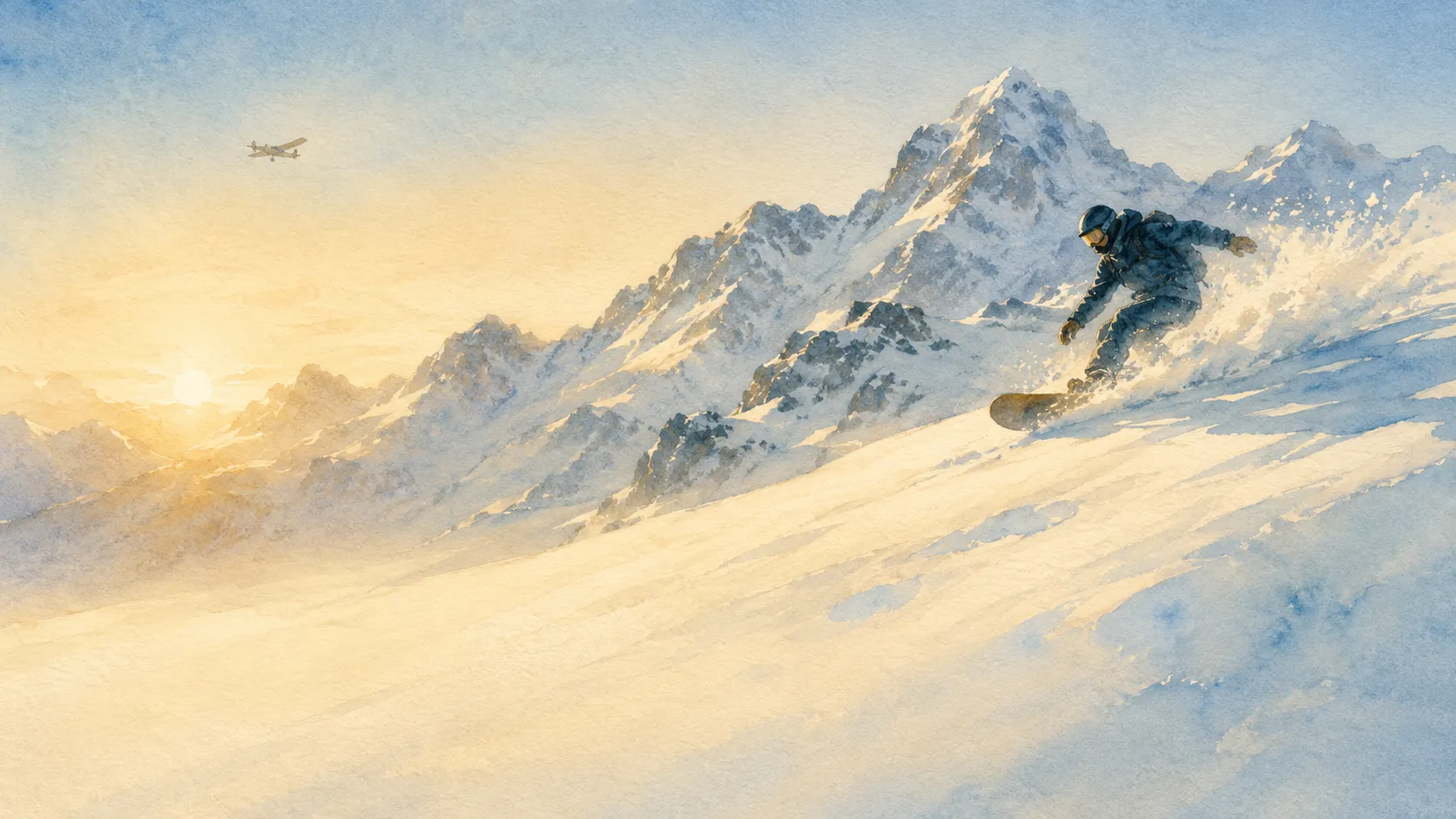 Watercolor of a snowboarder carving down an alpine slope at sunrise, a small Cessna in the sky