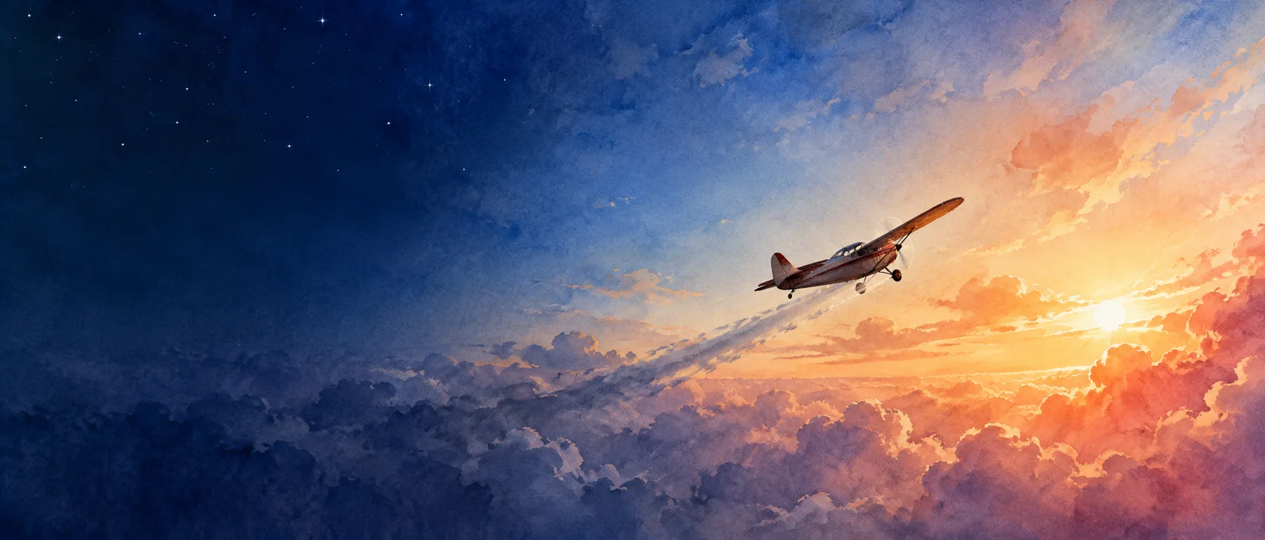 Watercolor of a small plane climbing from a starry night into a golden sunrise