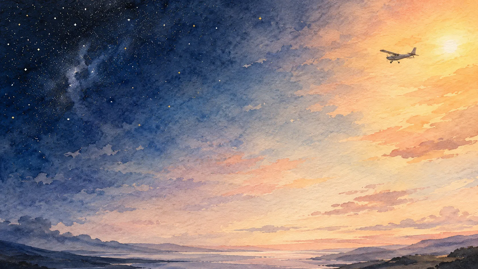 Watercolor of a small plane flying from a starry night into a sunrise