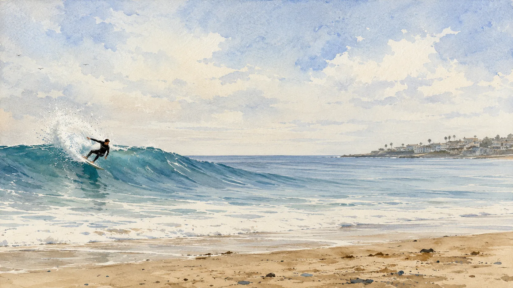 Watercolor of a surfer in a wave barrel with a small coastal town