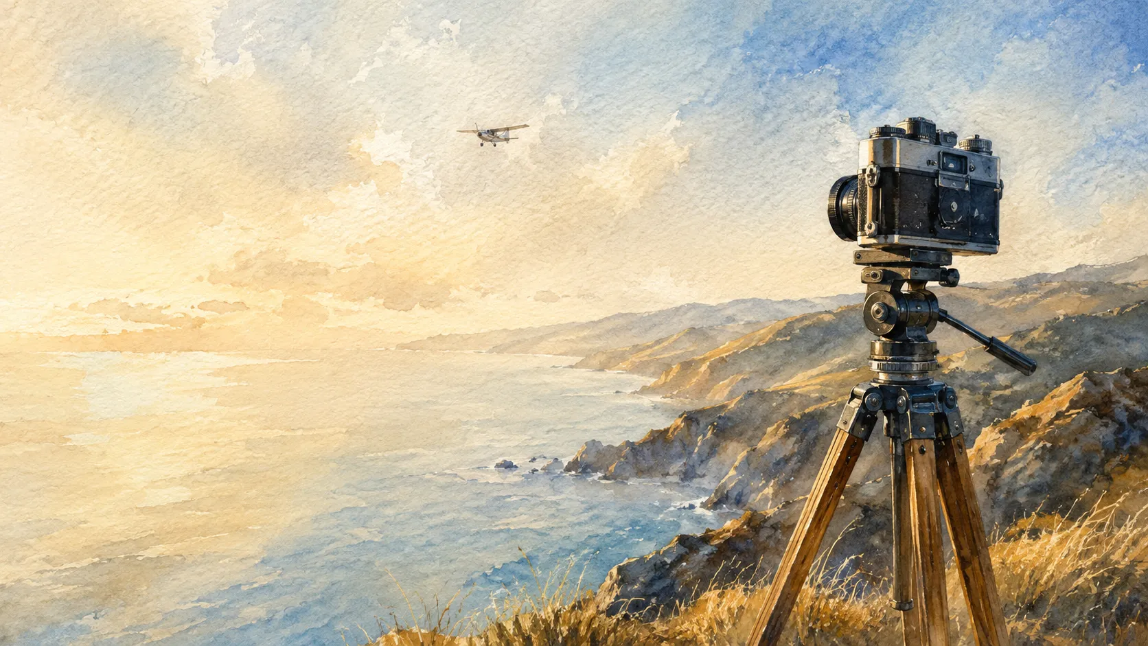 Watercolor of a camera on a tripod overlooking the coast