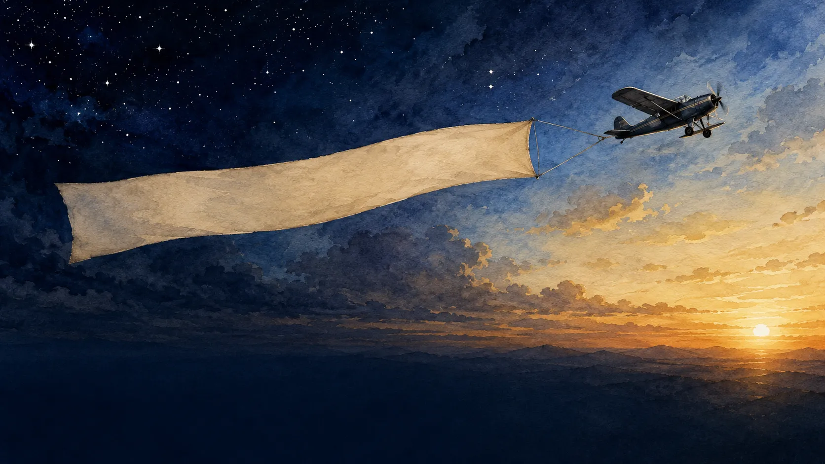Watercolor of a plane towing a blank banner at sunrise
