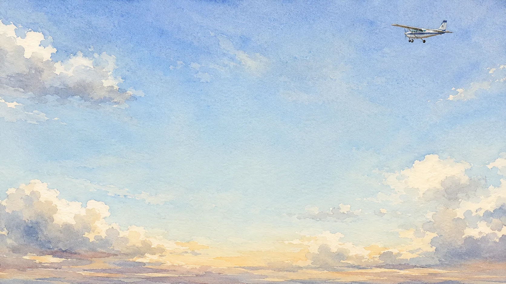 Watercolor of a Cessna plane flying through clouds