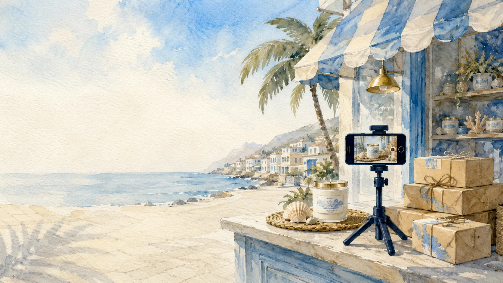 Watercolor of a coastal pop-up shop with a phone on a tripod