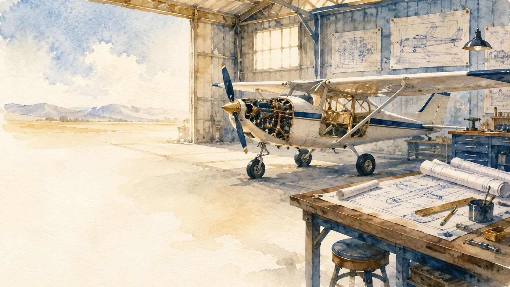 Watercolor of an aircraft hangar with a small plane and blueprints