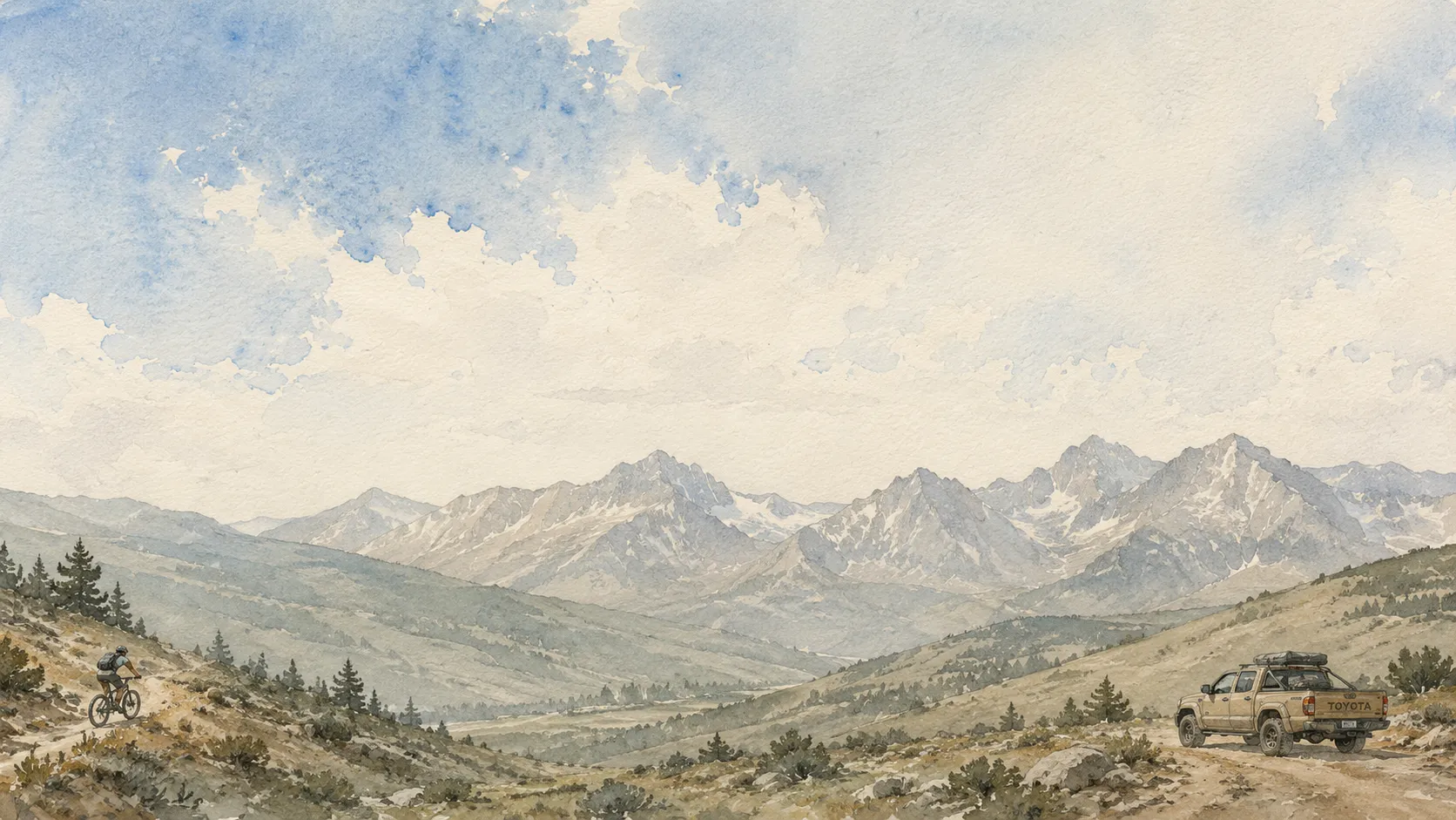 Watercolor mountain landscape with an off-road truck